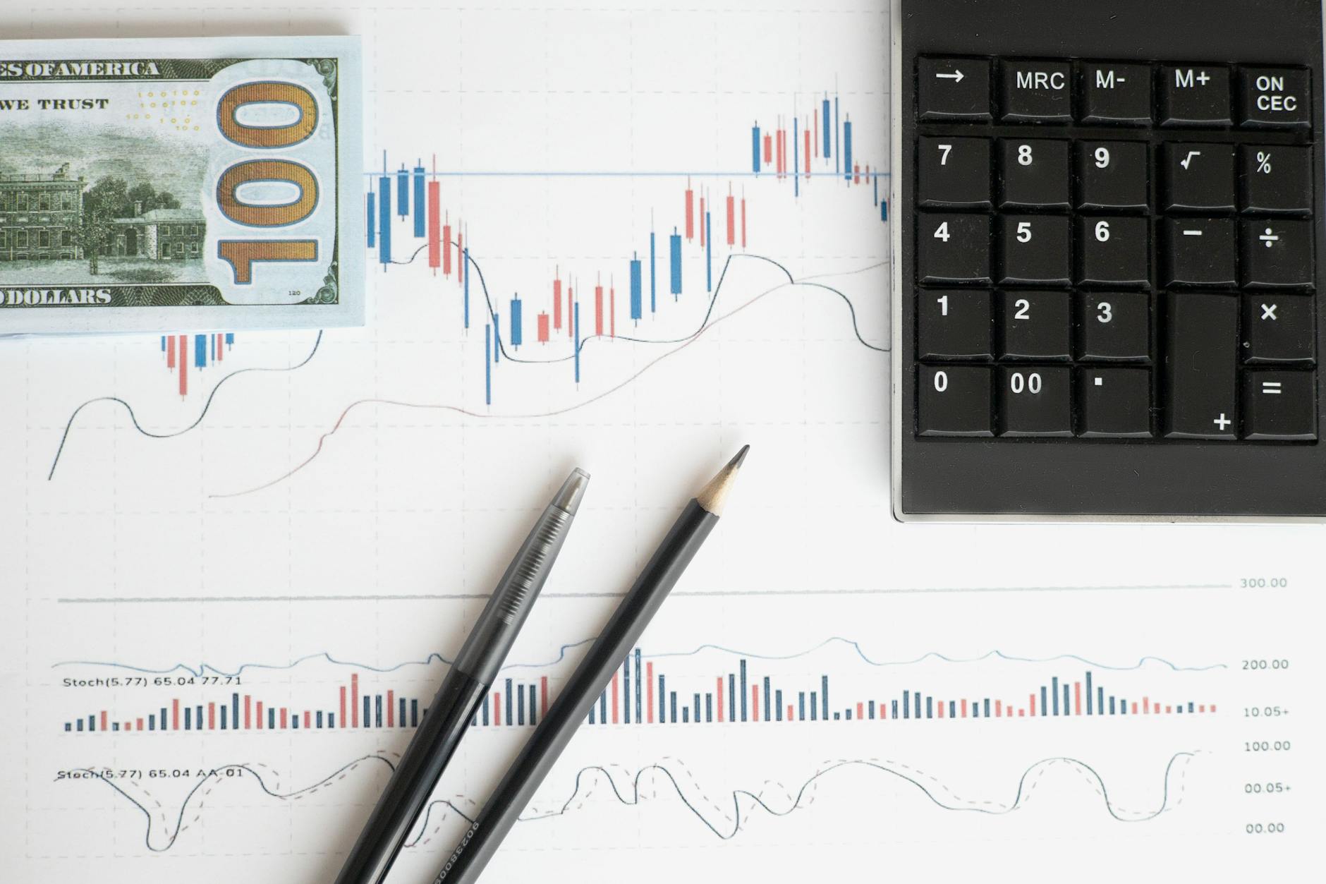 Ilustrasi: Stock analysis workspace featuring charts, a calculator, and currency for data-driven insights.