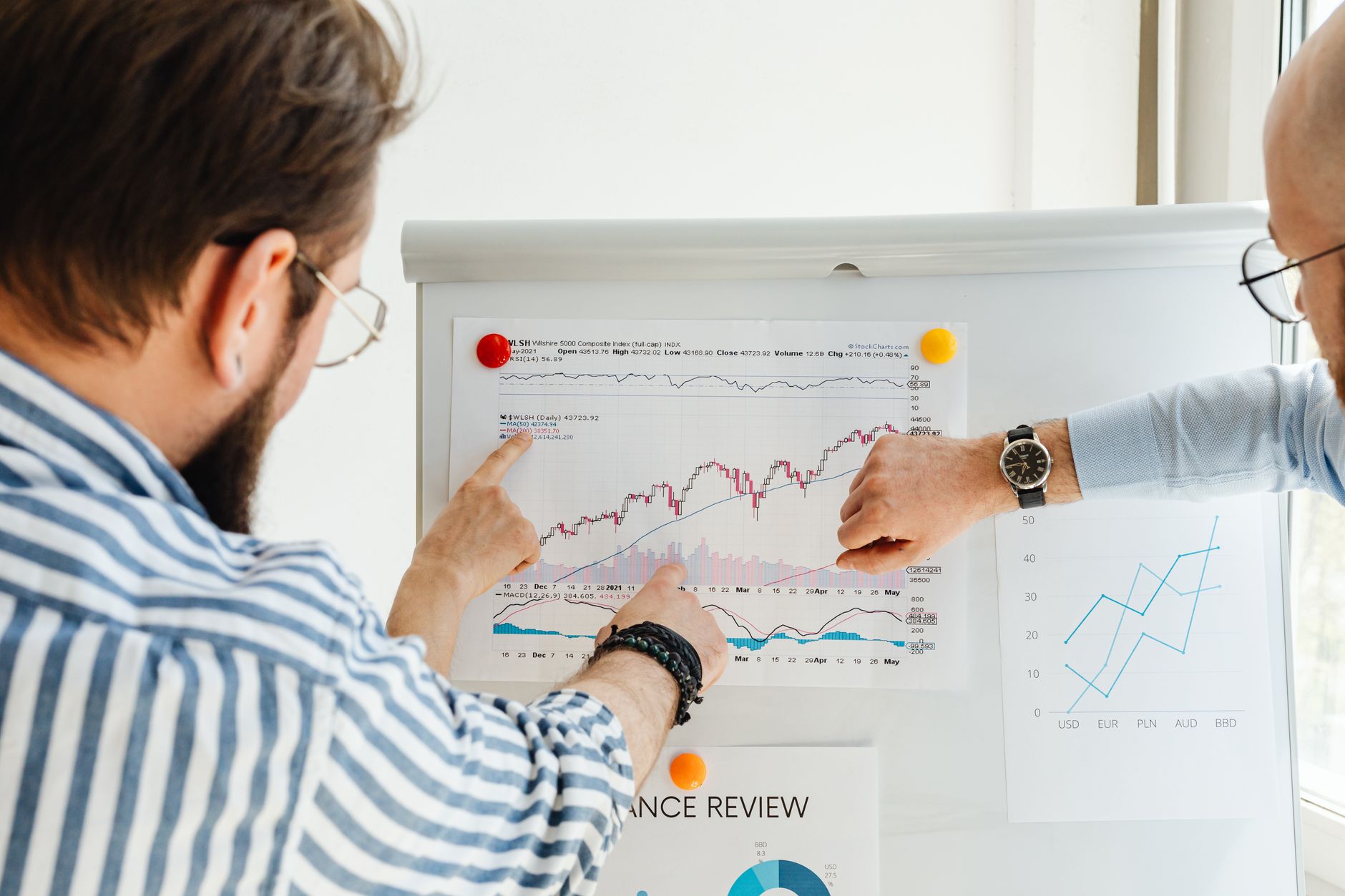 Ilustrasi: Colleagues discussing data trends on a whiteboard with graphs and charts.